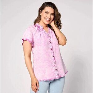 AnyBody Top Size Medium Tencel Acid Wash Flutter Sleeve Button Front Purple NEW